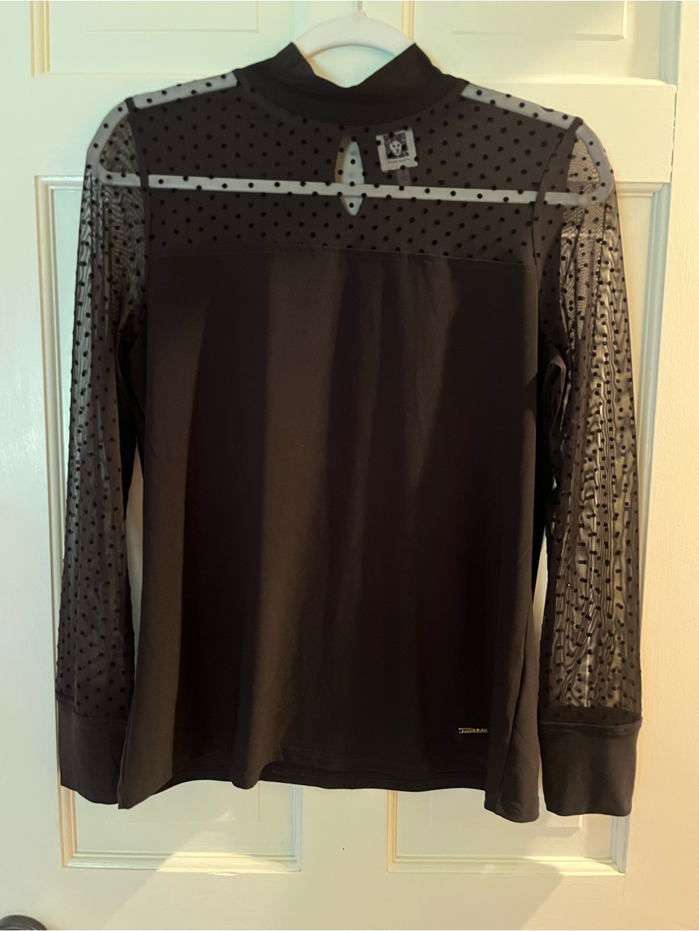 Anne Klein Black Sheer Polka Dot Long-Sleeve Top